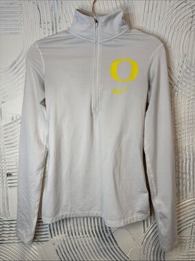 Nike Women’s White Quarter-Zip Pullover with Yellow Oregon O N0775